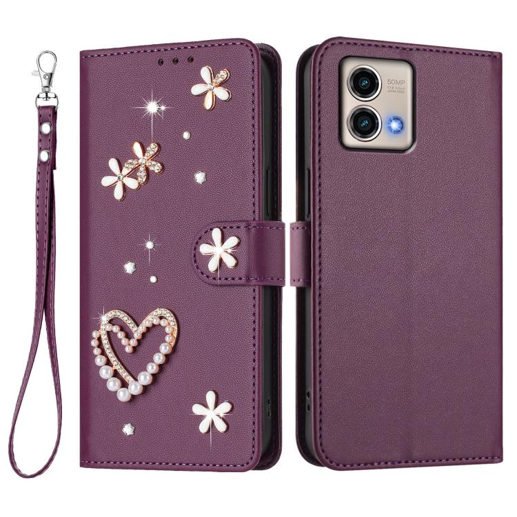 For Motorola Moto G Stylus 5G 2023 ZS01 Double-Layer Heart Floral Vegan Leather Phone Case with Wrist Strap