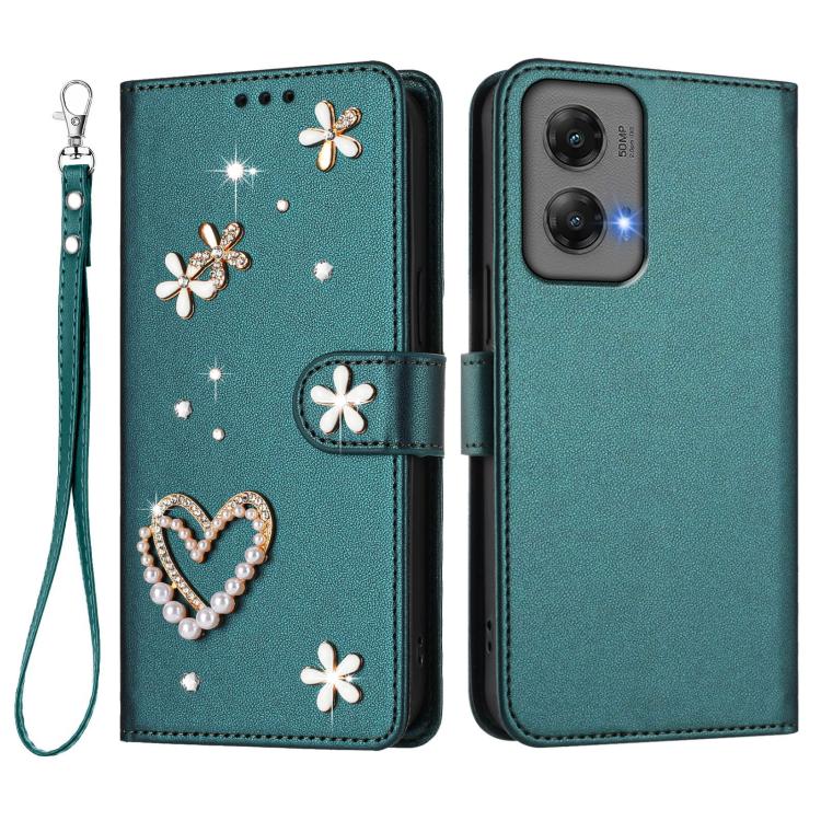 For Motorola Moto G Stylus 5G 2024 ZS01 Double-Layer Heart Floral Vegan Leather Phone Case with Wrist Strap