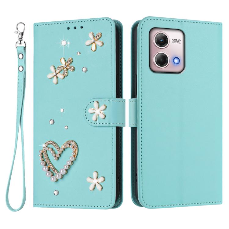 For Motorola Moto G Stylus 2023 4G ZS01 Double-Layer Heart Floral Vegan Leather Phone Case with Wrist Strap