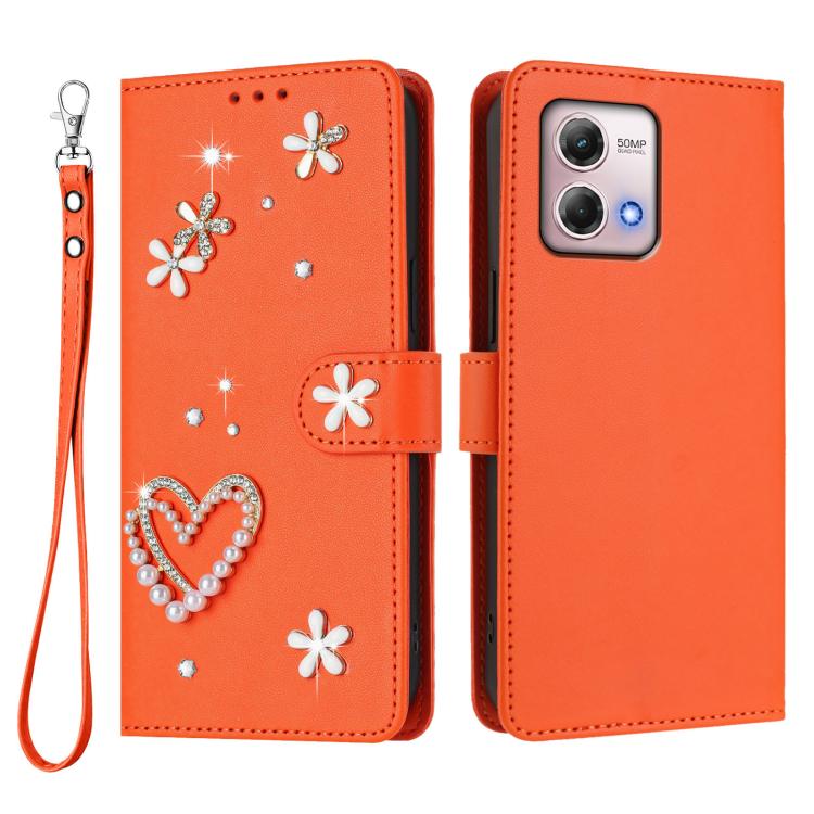 For Motorola Moto G Stylus 2023 4G ZS01 Double-Layer Heart Floral Vegan Leather Phone Case with Wrist Strap