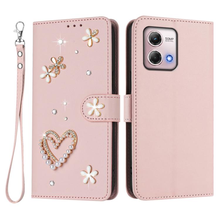 For Motorola Moto G Stylus 2023 4G ZS01 Double-Layer Heart Floral Vegan Leather Phone Case with Wrist Strap