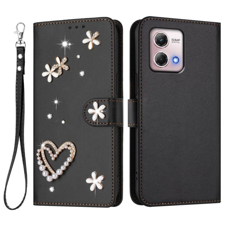 For Motorola Moto G Stylus 2023 4G ZS01 Double-Layer Heart Floral Vegan Leather Phone Case with Wrist Strap