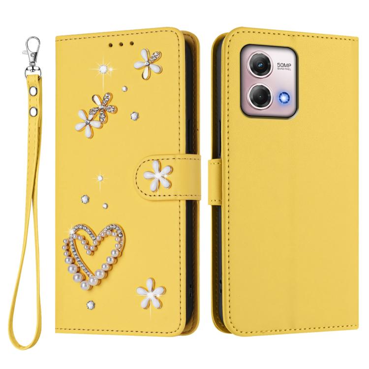 For Motorola Moto G Stylus 2023 4G ZS01 Double-Layer Heart Floral Vegan Leather Phone Case with Wrist Strap
