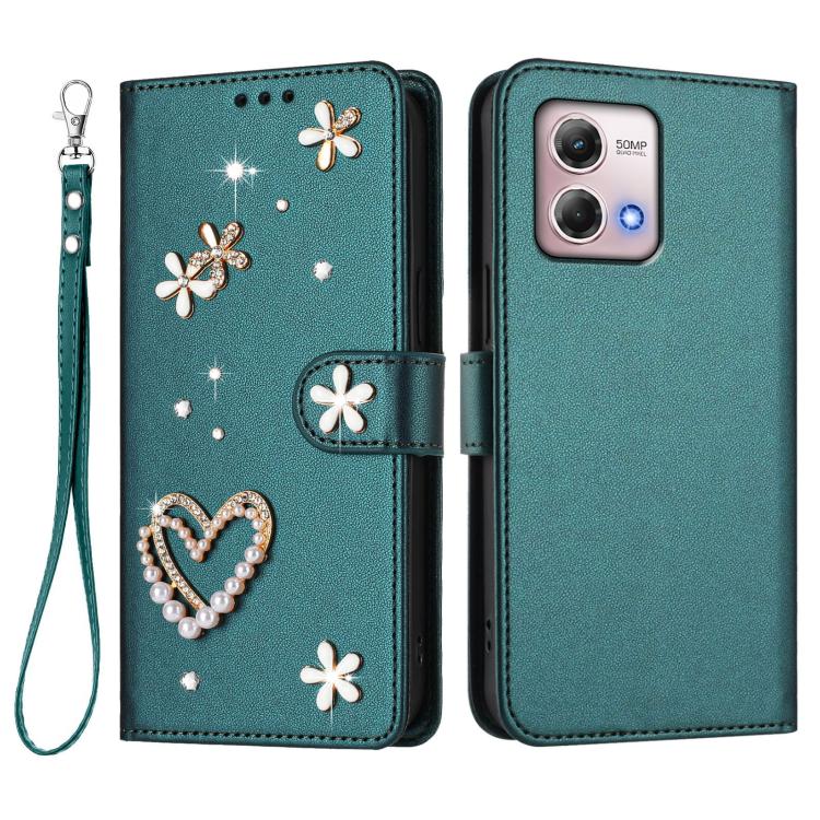For Motorola Moto G Stylus 2023 4G ZS01 Double-Layer Heart Floral Vegan Leather Phone Case with Wrist Strap