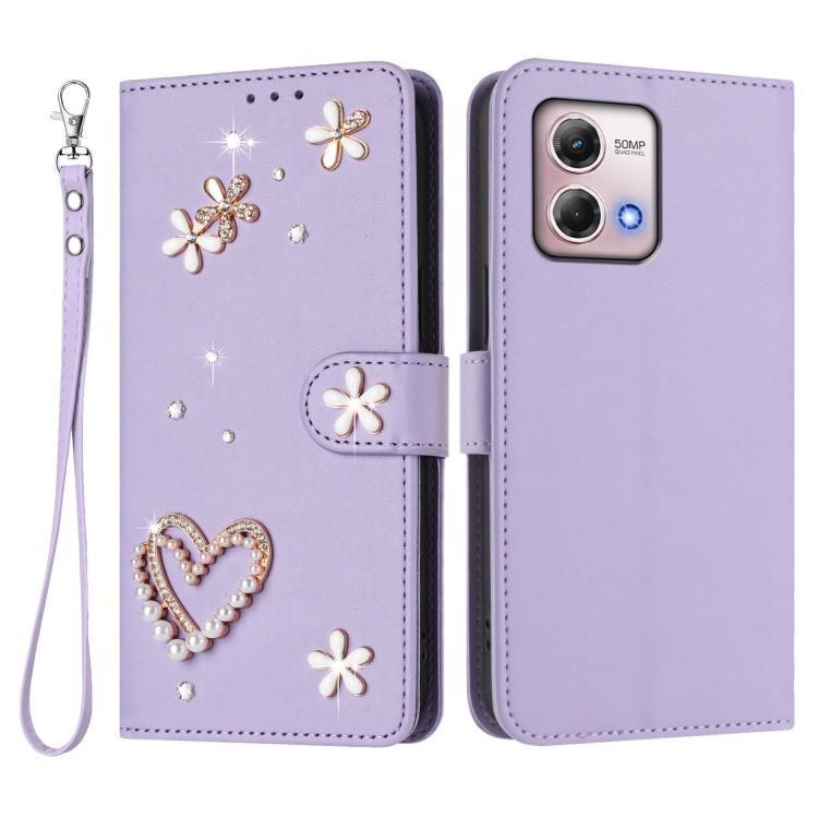 For Motorola Moto G Stylus 2023 4G ZS01 Double-Layer Heart Floral Vegan Leather Phone Case with Wrist Strap