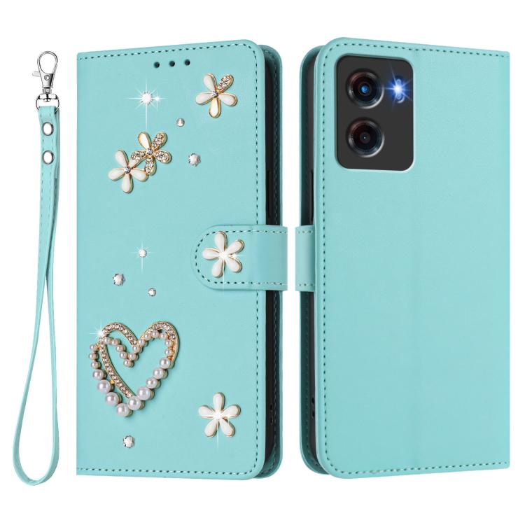 For Motorola Moto G05 / E15 ZS01 Double-Layer Heart Floral Vegan Leather Phone Case with Wrist Strap