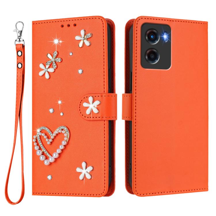 For Motorola Moto G05 / E15 ZS01 Double-Layer Heart Floral Vegan Leather Phone Case with Wrist Strap