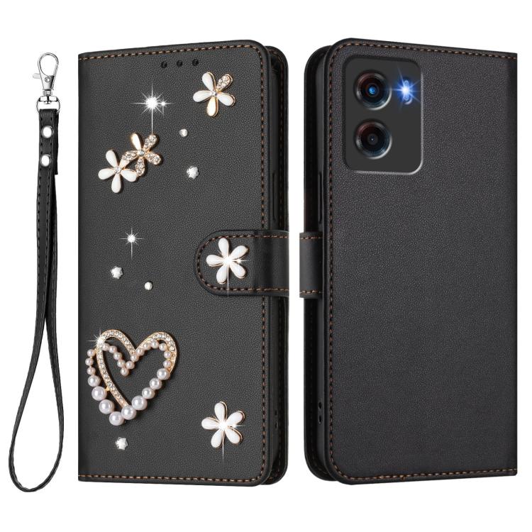 For Motorola Moto G05 / E15 ZS01 Double-Layer Heart Floral Vegan Leather Phone Case with Wrist Strap