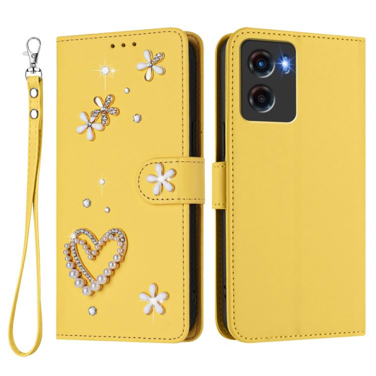 For Motorola Moto G05 / E15 ZS01 Double-Layer Heart Floral Vegan Leather Phone Case with Wrist Strap