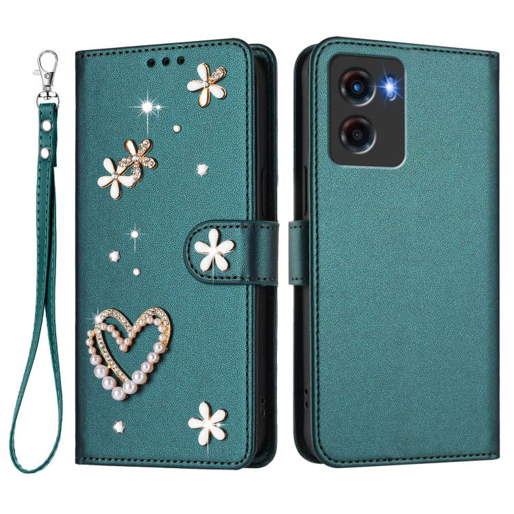 For Motorola Moto G05 / E15 ZS01 Double-Layer Heart Floral Vegan Leather Phone Case with Wrist Strap