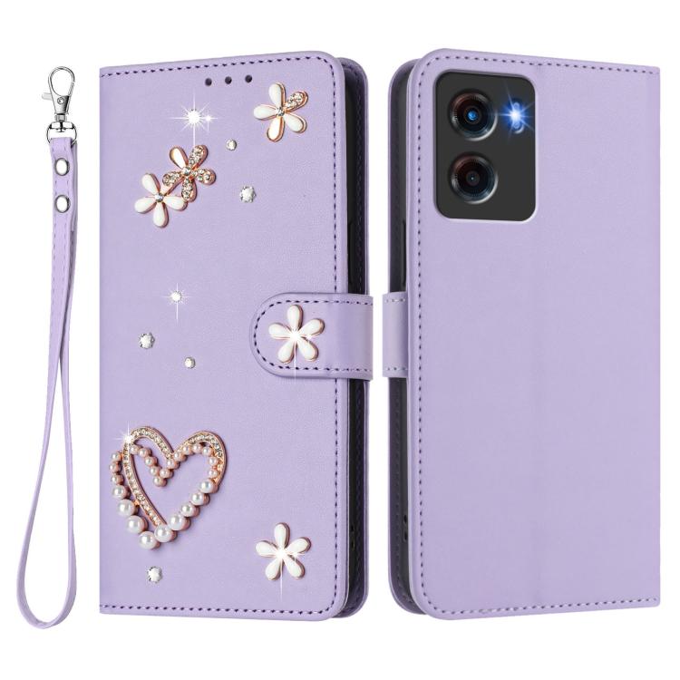 For Motorola Moto G05 / E15 ZS01 Double-Layer Heart Floral Vegan Leather Phone Case with Wrist Strap