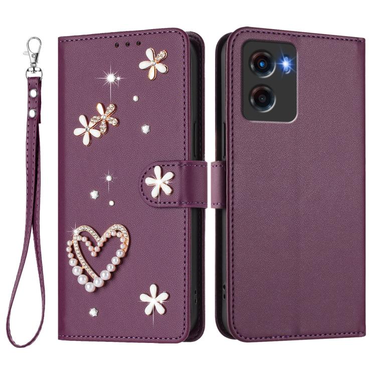 For Motorola Moto G05 / E15 ZS01 Double-Layer Heart Floral Vegan Leather Phone Case with Wrist Strap