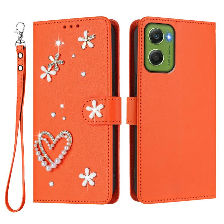 For Motorola Moto G06 Power 4G ZS01 Double-Layer Heart Floral Vegan Leather Phone Case with Wrist Strap