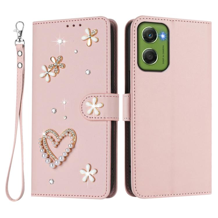 For Motorola Moto G06 Power 4G ZS01 Double-Layer Heart Floral Vegan Leather Phone Case with Wrist Strap