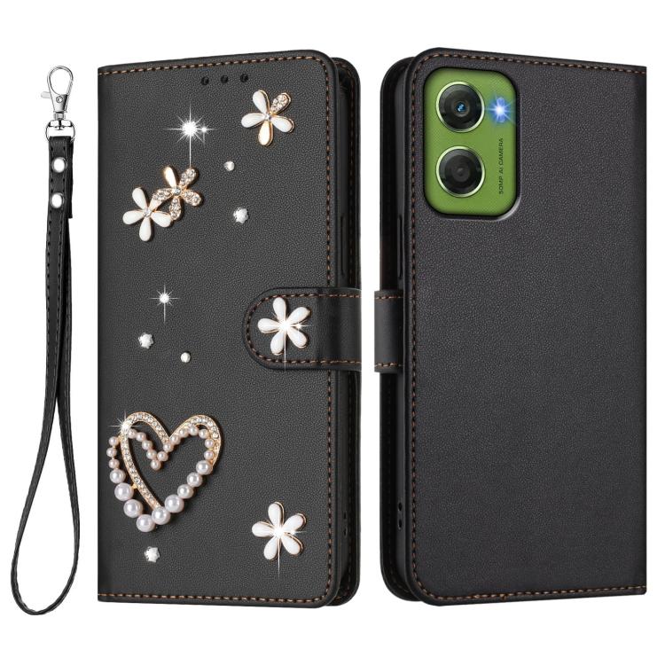 For Motorola Moto G06 Power 4G ZS01 Double-Layer Heart Floral Vegan Leather Phone Case with Wrist Strap