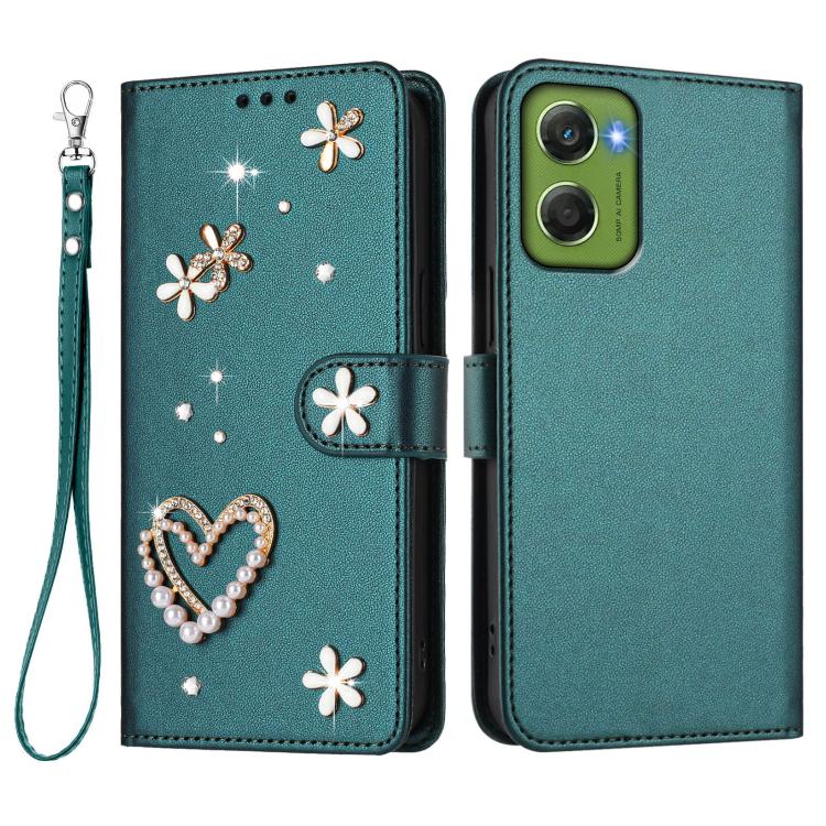 For Motorola Moto G06 Power 4G ZS01 Double-Layer Heart Floral Vegan Leather Phone Case with Wrist Strap