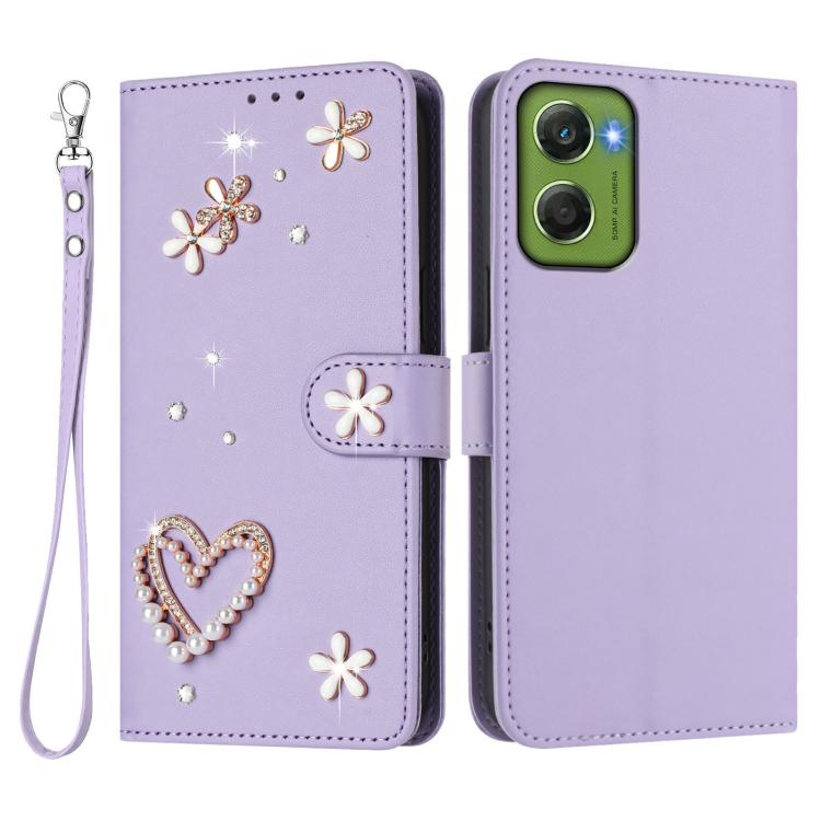 For Motorola Moto G06 Power 4G ZS01 Double-Layer Heart Floral Vegan Leather Phone Case with Wrist Strap
