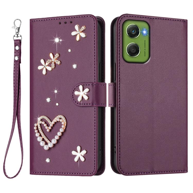 For Motorola Moto G06 Power 4G ZS01 Double-Layer Heart Floral Vegan Leather Phone Case with Wrist Strap