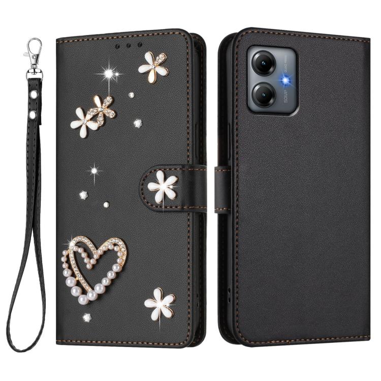 For Motorola Moto G14 ZS01 Double-Layer Heart Floral Vegan Leather Phone Case with Wrist Strap