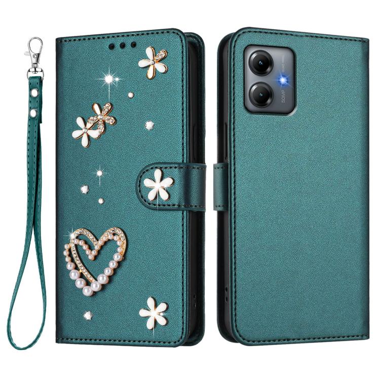 For Motorola Moto G14 ZS01 Double-Layer Heart Floral Vegan Leather Phone Case with Wrist Strap