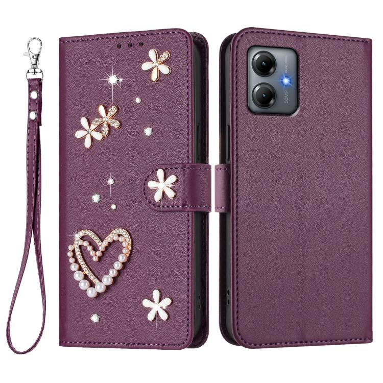 For Motorola Moto G14 ZS01 Double-Layer Heart Floral Vegan Leather Phone Case with Wrist Strap