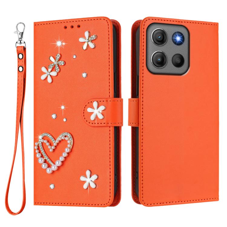 For Motorola Moto G15 / G15 Power ZS01 Double-Layer Heart Floral Vegan Leather Phone Case with Wrist Strap