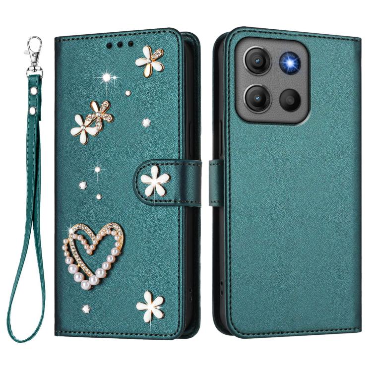 For Motorola Moto G15 / G15 Power ZS01 Double-Layer Heart Floral Vegan Leather Phone Case with Wrist Strap