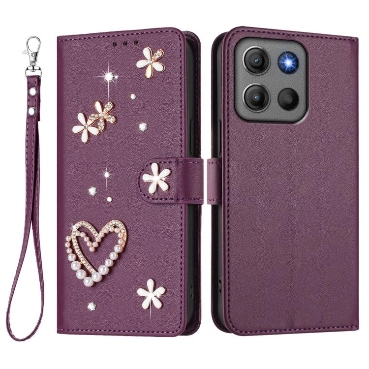 For Motorola Moto G15 / G15 Power ZS01 Double-Layer Heart Floral Vegan Leather Phone Case with Wrist Strap