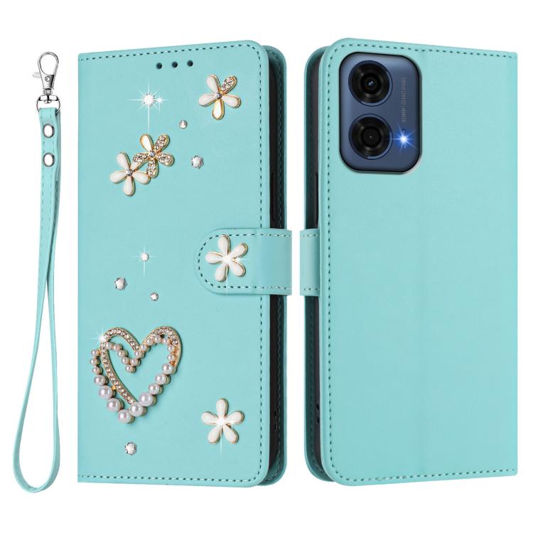 For Motorola Moto G24 Power 4G India ZS01 Double-Layer Heart Floral Vegan Leather Phone Case with Wrist Strap