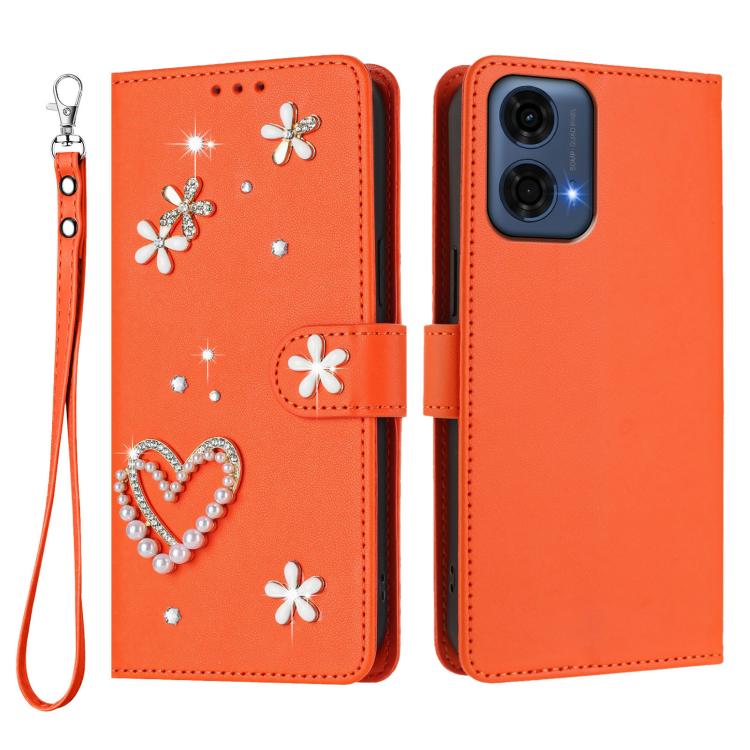 For Motorola Moto G24 Power 4G India ZS01 Double-Layer Heart Floral Vegan Leather Phone Case with Wrist Strap