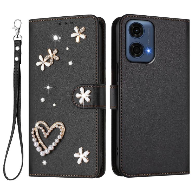 For Motorola Moto G24 Power 4G India ZS01 Double-Layer Heart Floral Vegan Leather Phone Case with Wrist Strap