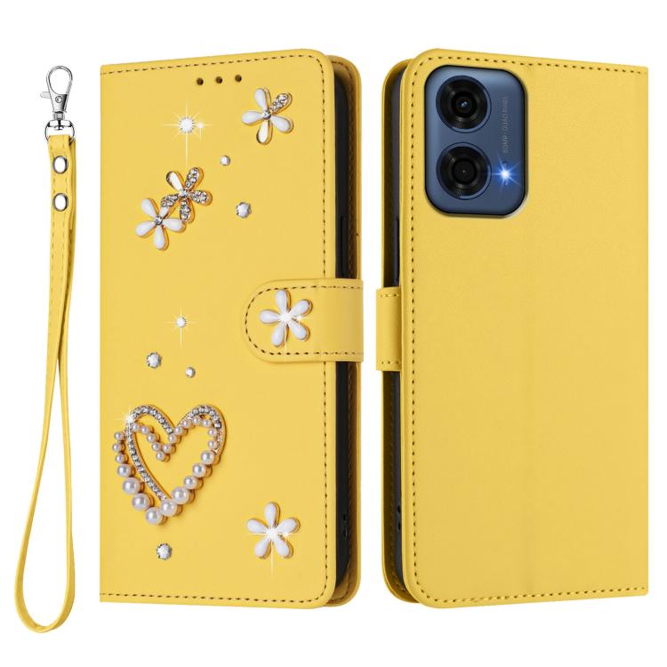 For Motorola Moto G24 Power 4G India ZS01 Double-Layer Heart Floral Vegan Leather Phone Case with Wrist Strap