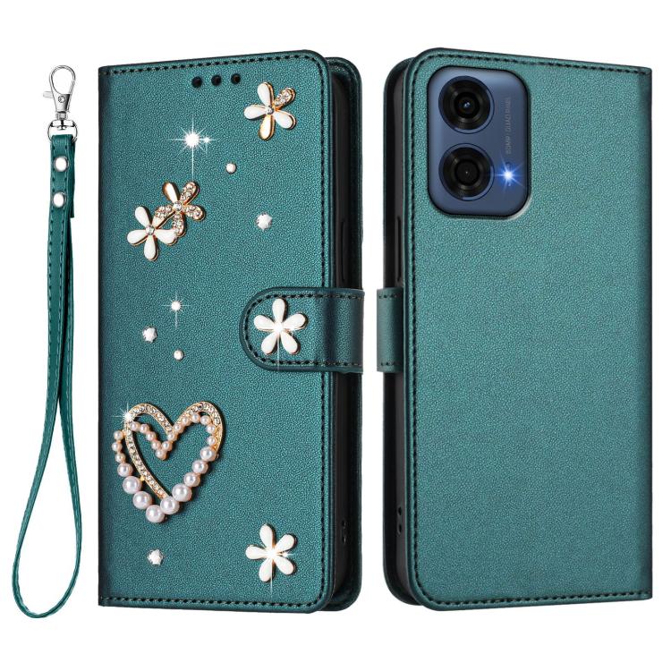 For Motorola Moto G24 Power 4G India ZS01 Double-Layer Heart Floral Vegan Leather Phone Case with Wrist Strap