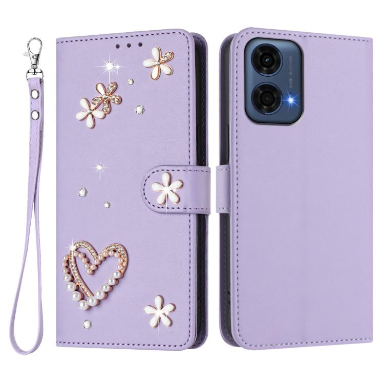 For Motorola Moto G24 Power 4G India ZS01 Double-Layer Heart Floral Vegan Leather Phone Case with Wrist Strap