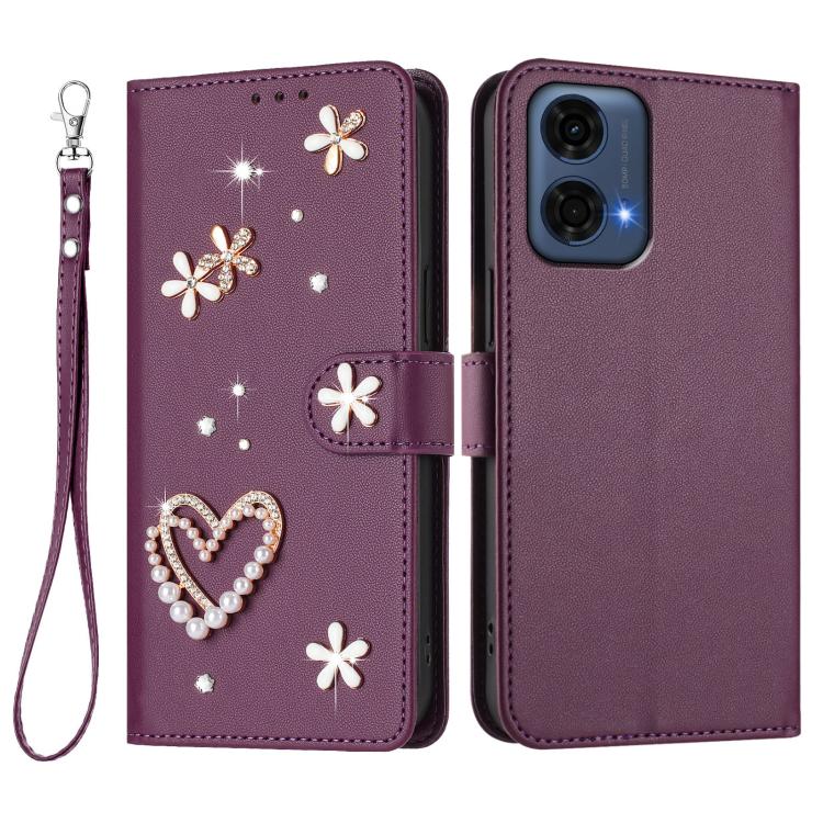 For Motorola Moto G24 Power 4G India ZS01 Double-Layer Heart Floral Vegan Leather Phone Case with Wrist Strap
