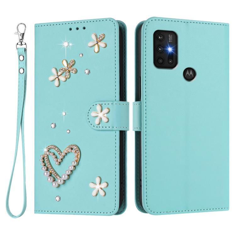 For Motorola Moto G30/G10/G20 ZS01 Double-Layer Heart Floral Vegan Leather Phone Case with Wrist Strap