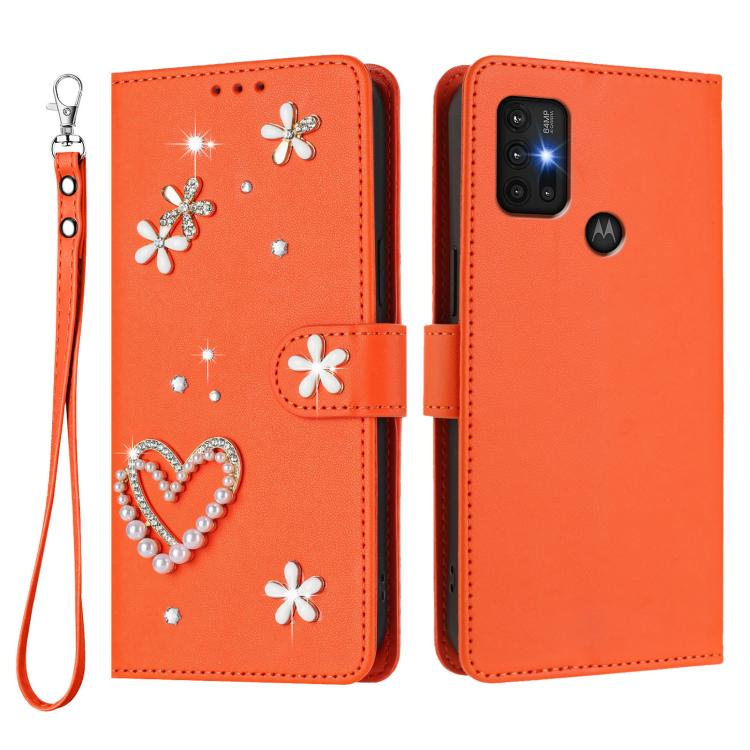For Motorola Moto G30/G10/G20 ZS01 Double-Layer Heart Floral Vegan Leather Phone Case with Wrist Strap