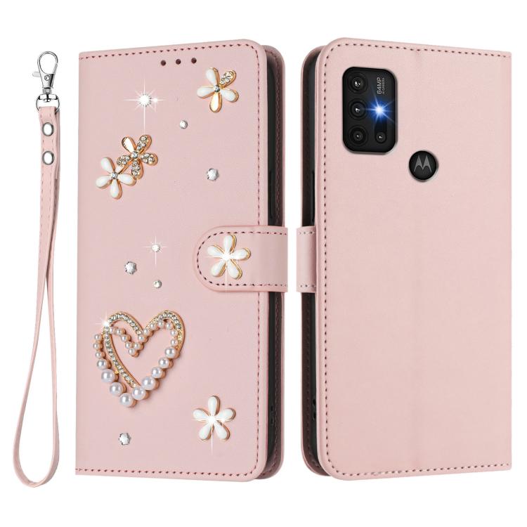 For Motorola Moto G30/G10/G20 ZS01 Double-Layer Heart Floral Vegan Leather Phone Case with Wrist Strap