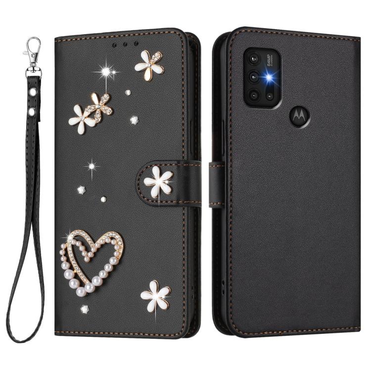 For Motorola Moto G30/G10/G20 ZS01 Double-Layer Heart Floral Vegan Leather Phone Case with Wrist Strap