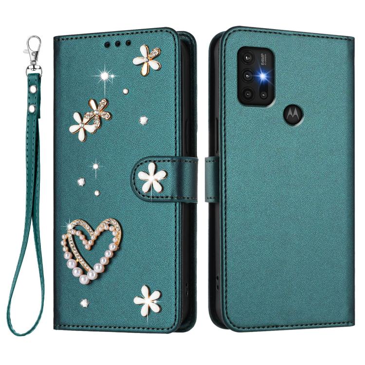 For Motorola Moto G30/G10/G20 ZS01 Double-Layer Heart Floral Vegan Leather Phone Case with Wrist Strap