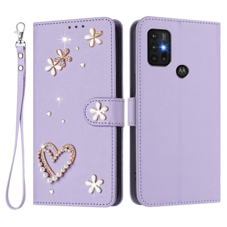 For Motorola Moto G30/G10/G20 ZS01 Double-Layer Heart Floral Vegan Leather Phone Case with Wrist Strap