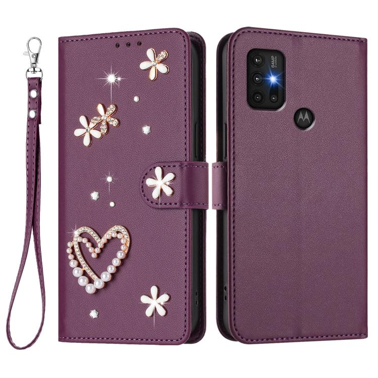 For Motorola Moto G30/G10/G20 ZS01 Double-Layer Heart Floral Vegan Leather Phone Case with Wrist Strap