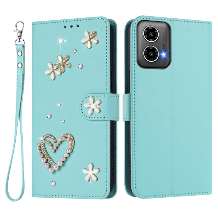 For Motorola Moto G34 / G45 5G ZS01 Double-Layer Heart Floral Vegan Leather Phone Case with Wrist Strap