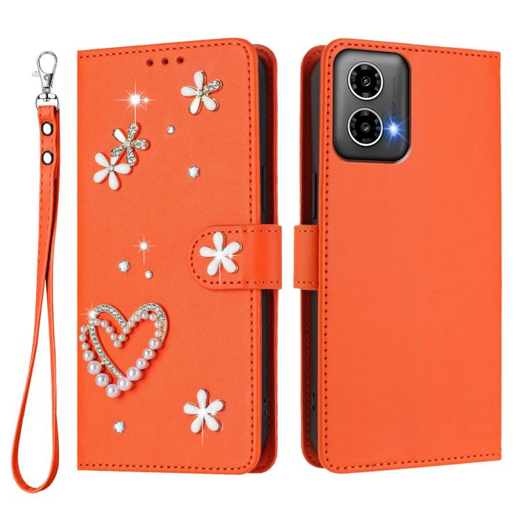 For Motorola Moto G34 / G45 5G ZS01 Double-Layer Heart Floral Vegan Leather Phone Case with Wrist Strap