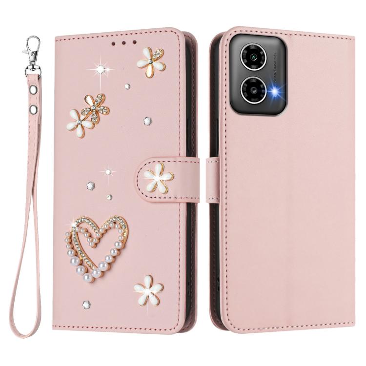 For Motorola Moto G34 / G45 5G ZS01 Double-Layer Heart Floral Vegan Leather Phone Case with Wrist Strap