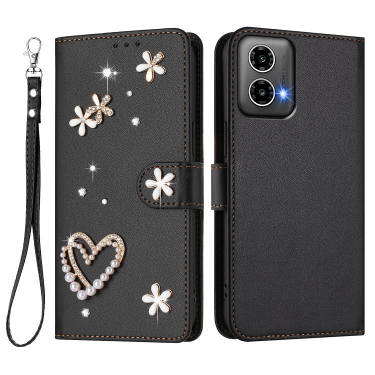 For Motorola Moto G34 / G45 5G ZS01 Double-Layer Heart Floral Vegan Leather Phone Case with Wrist Strap