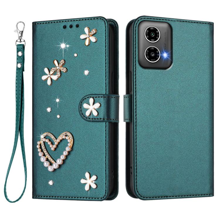 For Motorola Moto G34 / G45 5G ZS01 Double-Layer Heart Floral Vegan Leather Phone Case with Wrist Strap