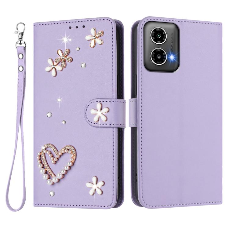 For Motorola Moto G34 / G45 5G ZS01 Double-Layer Heart Floral Vegan Leather Phone Case with Wrist Strap