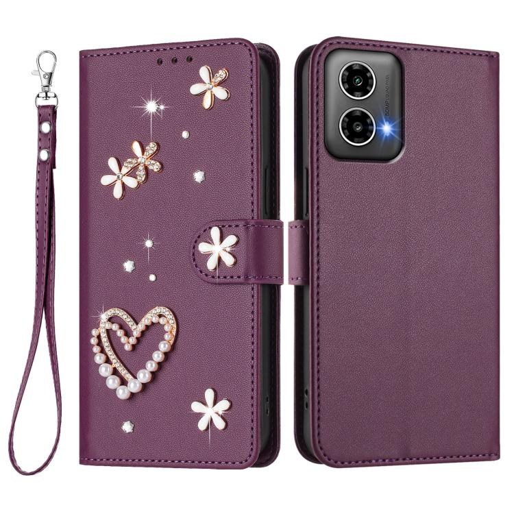 For Motorola Moto G34 / G45 5G ZS01 Double-Layer Heart Floral Vegan Leather Phone Case with Wrist Strap