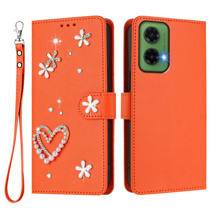 For Motorola Moto G35 ZS01 Double-Layer Heart Floral Vegan Leather Phone Case with Wrist Strap